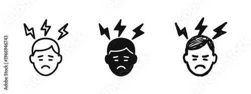 Headache and stress icon set. Person with lightning bolts symbol vector illustration for migraine pain and mental health.