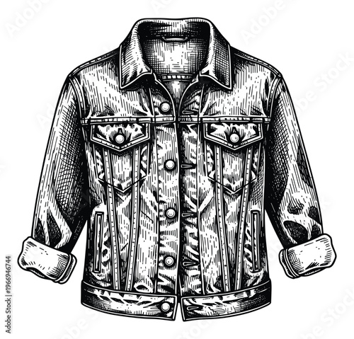 Classic durable denim jacket with detailed engraving style texture representing rugged casual outerwear perfect for apparel design projects or retro clothing brand visuals
