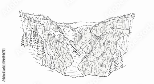 Lush forest canyon with a cascading waterfall and winding river