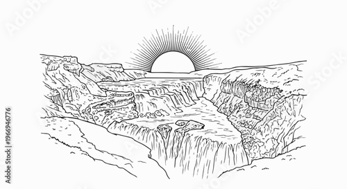 Majestic waterfall cascades through a sun-drenched canyon landscape