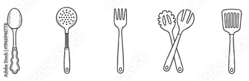 Black and white line drawings of various kitchen utensils including a spoon, slotted spoon, fork, salad servers, and a spatula, suitable for culinary guides and restaurant graphics.