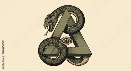 Stylized snake entwined around geometric shapes with an eye