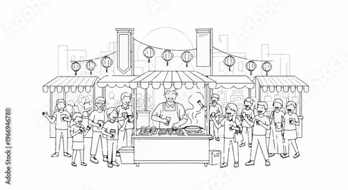 Lively street market scene with vendors and shoppers celebrating