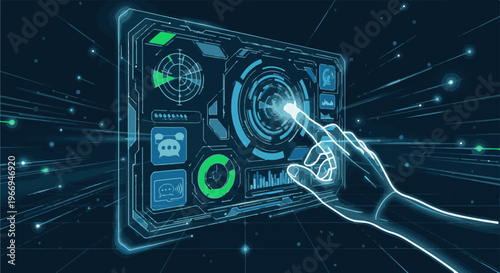 Futuristic HUD displays data, with a glowing hand interacting with a central interface