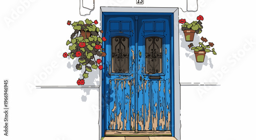 Old peeling blue double doors with potted flowers flank white wall