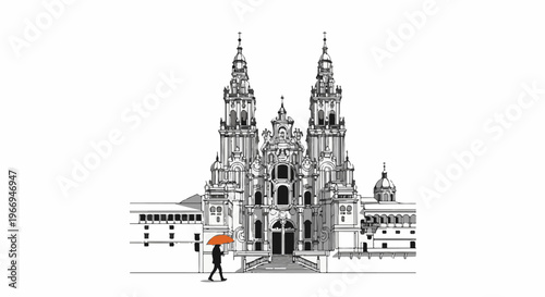 Ornate cathedral facade with a solitary figure holding an orange umbrella
