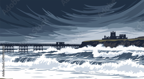 Stormy seas crash against a pier and cliffside ruins under a dramatic sky