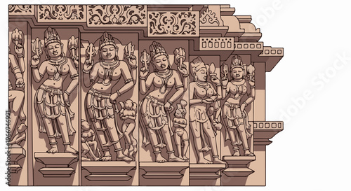 Intricately carved ancient relief sculpture depicts divine figures and decorative motifs