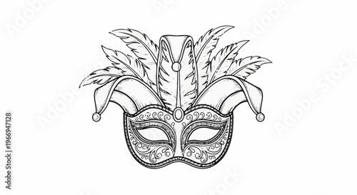 Ornate jester mask with feathers, black and white line drawing