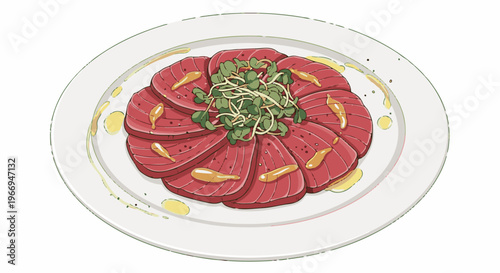 Sliced raw red fish with sprouts and dressing on a white plate
