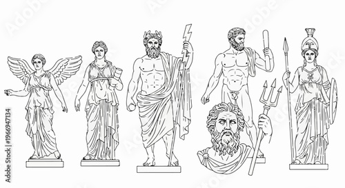 Line art figures of ancient Greek deities including winged victory and warriors