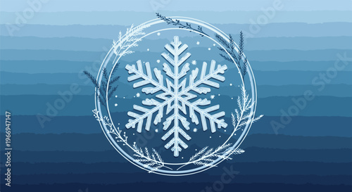 Ornate snowflake with delicate frosty branches on a layered blue gradient
