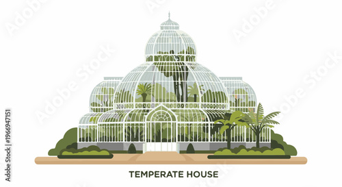 Ornate glass structure filled with lush greenery under a domed roof