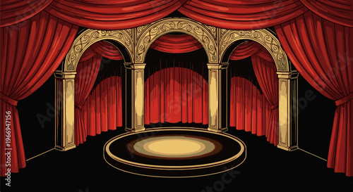 Ornate stage with red velvet curtains and golden arches, empty circular platform