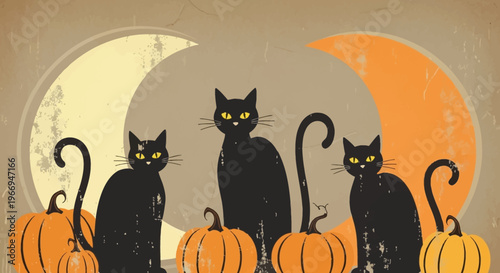 Vintage Halloween Black Cats and Pumpkins with Crescent Moon Background