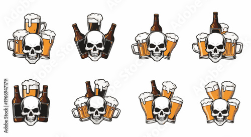 Skull and beer glass emblem designs, with bottle variations