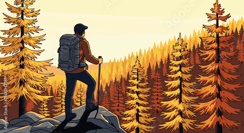 Hiker pauses on rocky outcrop overlooking vibrant autumn forest