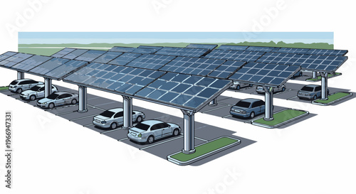 Parking lot with solar panel canopy over cars, green landscaping