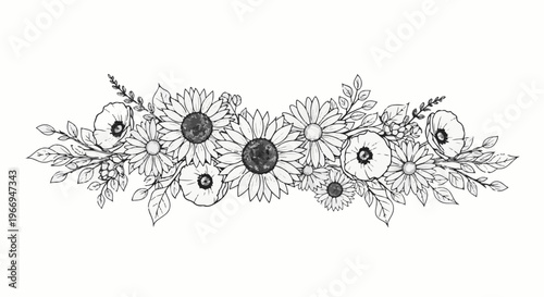 Hand-drawn black and white floral arrangement featuring sunflowers and poppies