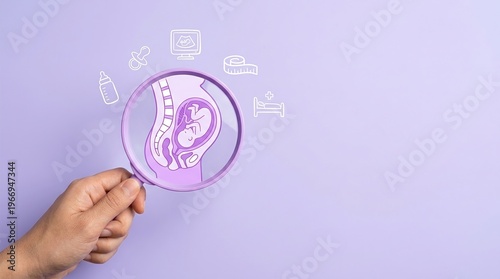 Pregnancy, fetus, womb, prenatal care, motherhood, health, medical concept showing a hand holding magnifying glass over developing baby illustration with icons on purple background.