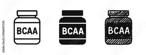 BCAA supplement bottle icon set. Fitness and nutrition vector illustration for branched-chain amino acids and bodybuilding.