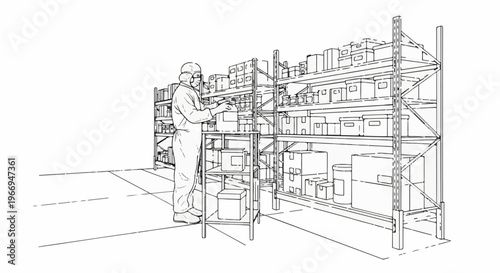 Person in protective gear organizing storage shelves filled with boxes