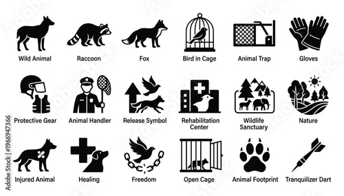 Comprehensive collection of animal rescue and wildlife conservation icons, ideal for educational materials, environmental awareness campaigns, and veterinary service promotions.