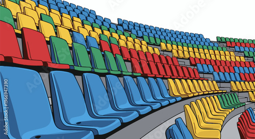 Rows of colorful stadium seats in a perspective view