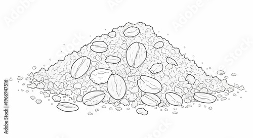 Pile of coffee beans and crushed coffee grounds, black and white illustration