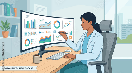 Medical Professional Analyzing Data on Curved Monitor
