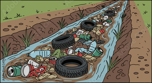 Pollution fills a narrow waterway with tires, bottles, cans, and debris