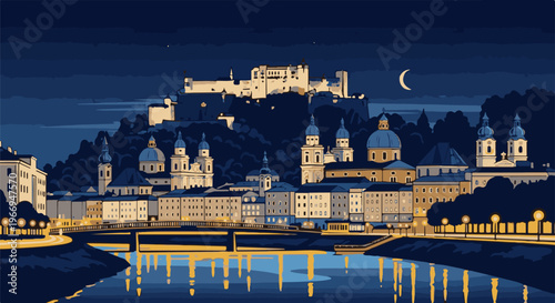 Pixelated European city skyline at night with castle and river