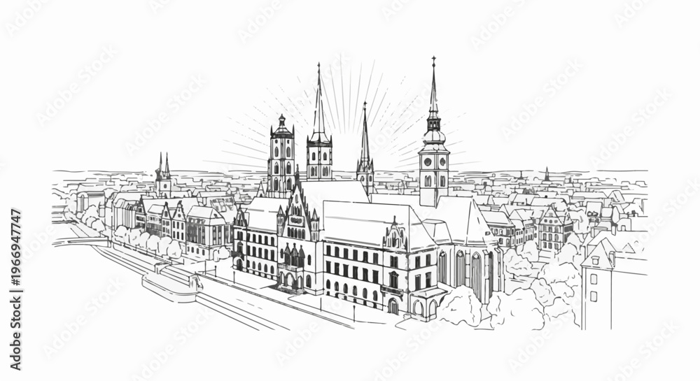 Fototapeta premium Detailed ink sketch of a sprawling European cityscape with multiple spires and buildings