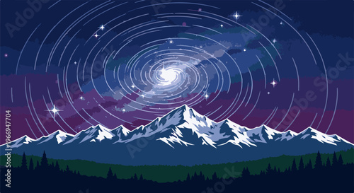 Pixelated galaxy swirls above snow-capped mountains at night