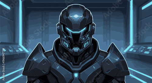 Pixelated sci-fi warrior in dark armor with glowing blue accents, inside spaceship