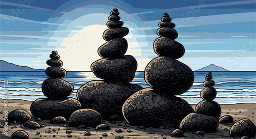 Pixel art of stacked rocks on a beach with the sun rising over the ocean