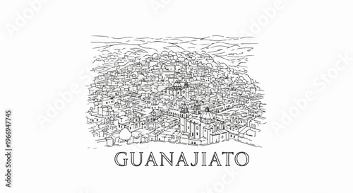 Detailed line drawing of a densely packed town on a hillside with mountains in background