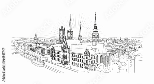 Detailed ink sketch of a sprawling European cityscape with multiple spires and buildings