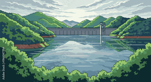 Pixelated dam and reservoir surrounded by lush green hills under a cloudy sky