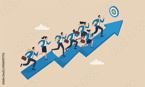 Business growth, career development or progress on rising up arrow, team motivation or strategy to reach target concept, business people employee running on growth rising up arrow