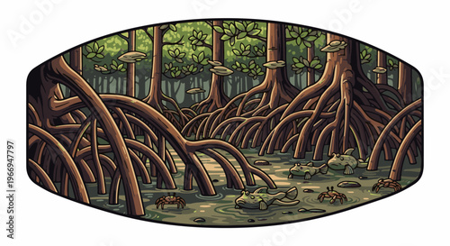 Pixelated mangrove forest with tangled roots, fish, and crabs