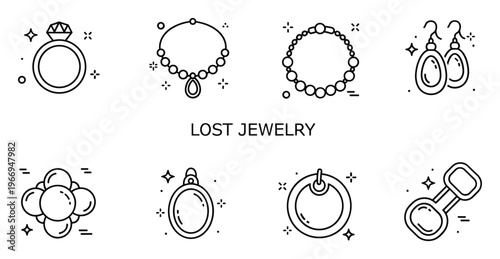 A collection of minimalist line icons depicting various lost jewelry items like rings, necklaces, bracelets, earrings, and pendants, perfect for web design, mobile applications, or graphic