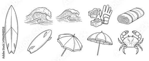 Collection of summer beach and ocean elements including surfboards, waves, umbrellas, and a crab perfect for vacationthemed advertising and leisure travel promotions