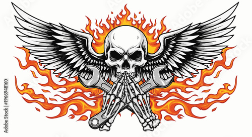 Skulls with wings, wrenches, and flames