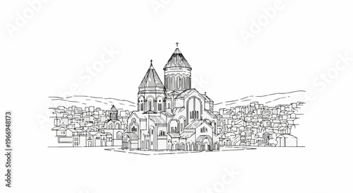 Sketch of a grand cathedral in a densely packed hillside city