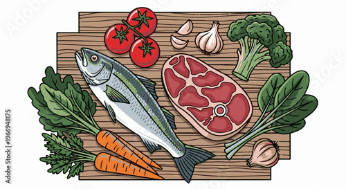 Overhead view of raw fish, steak, and fresh vegetables on wood