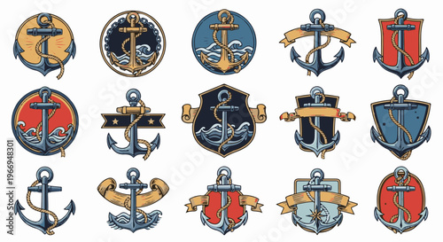 Collection of maritime anchor emblems with ropes and banners