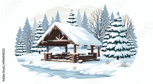 Snow-covered rustic wooden pavilion beside a frozen stream in a winter forest