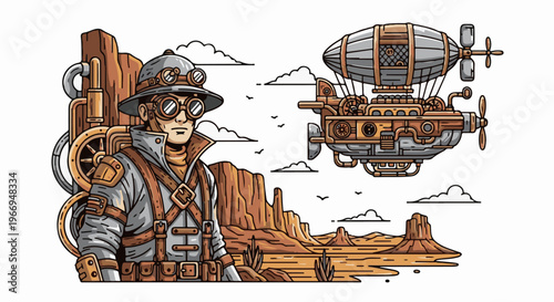 Steampunk explorer watches airship over arid landscape