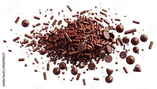 Heap of chocolate sprinkles and chips, dark brown on a dark background